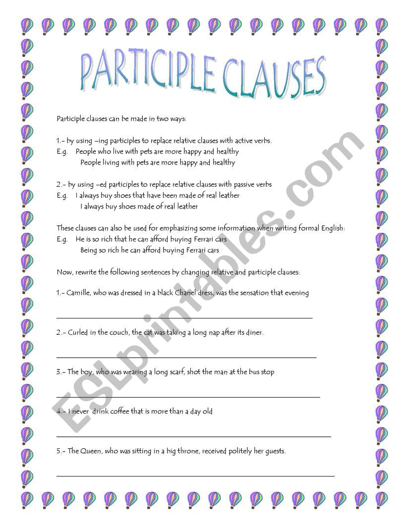 participle clauses worksheet