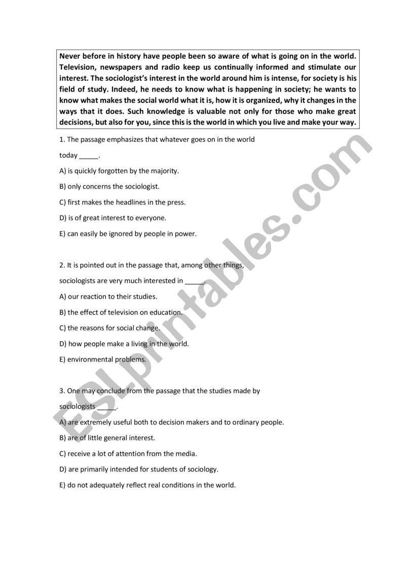 READINGS worksheet