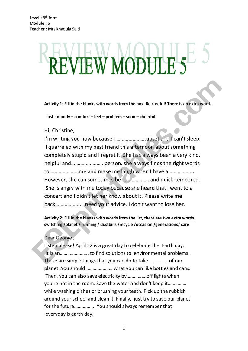 Review module 5 8th form worksheet