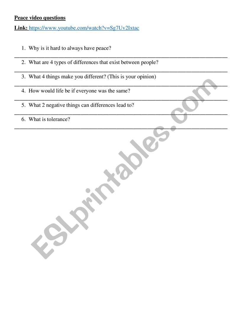 Peace video Questions worksheet