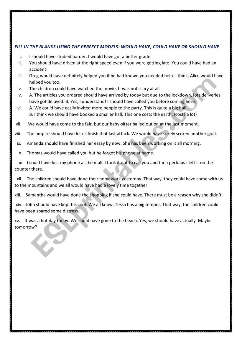 Could Have, Should Have, and Would Have - Examples & Worksheet