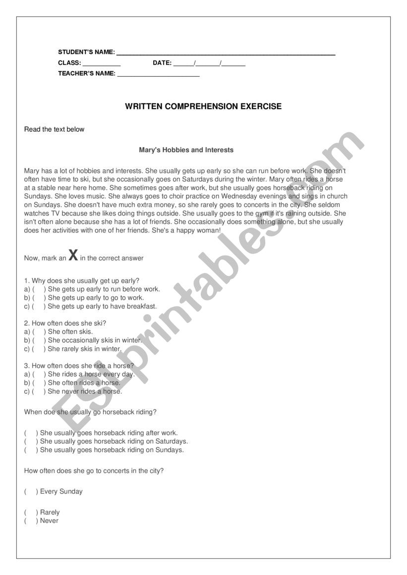 Every day activity worksheet