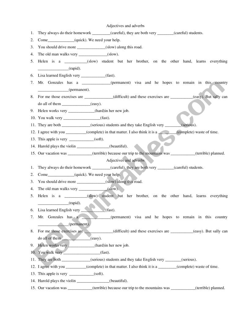 Adjectives and adverbs  worksheet