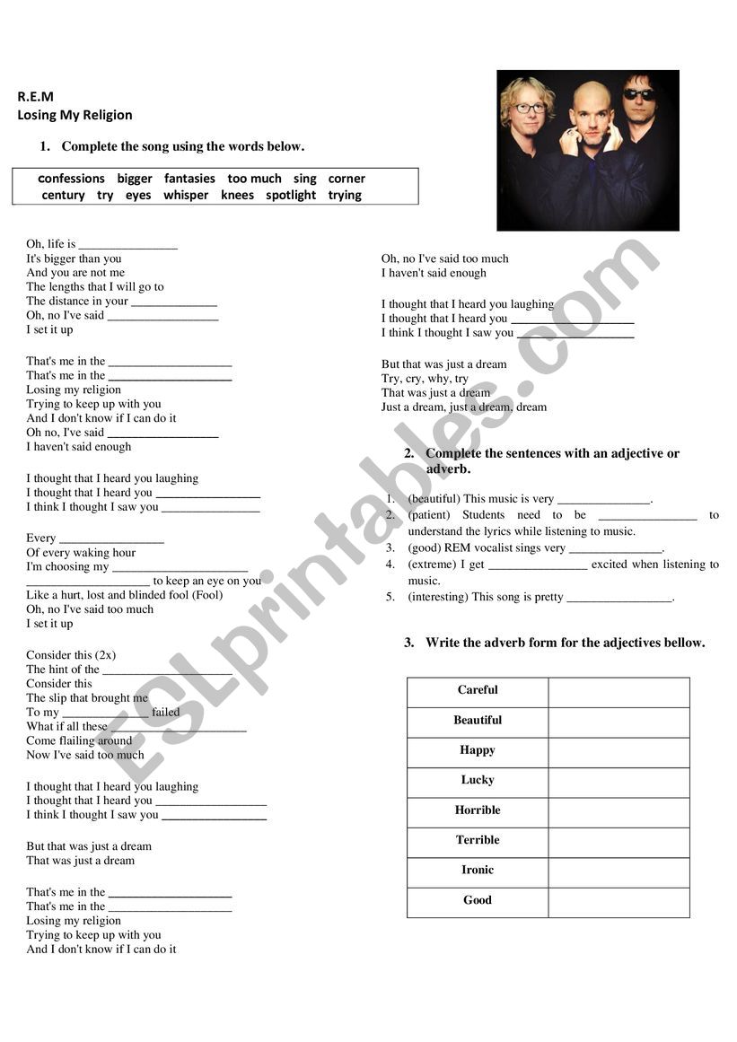 REM - Losing My Religion (Worksheet)