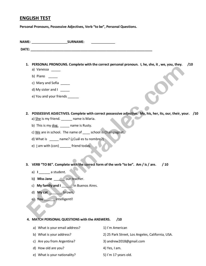 Test for Beginners worksheet