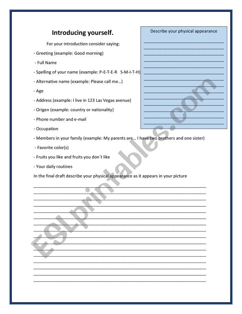 Introducing yourself (PII) worksheet