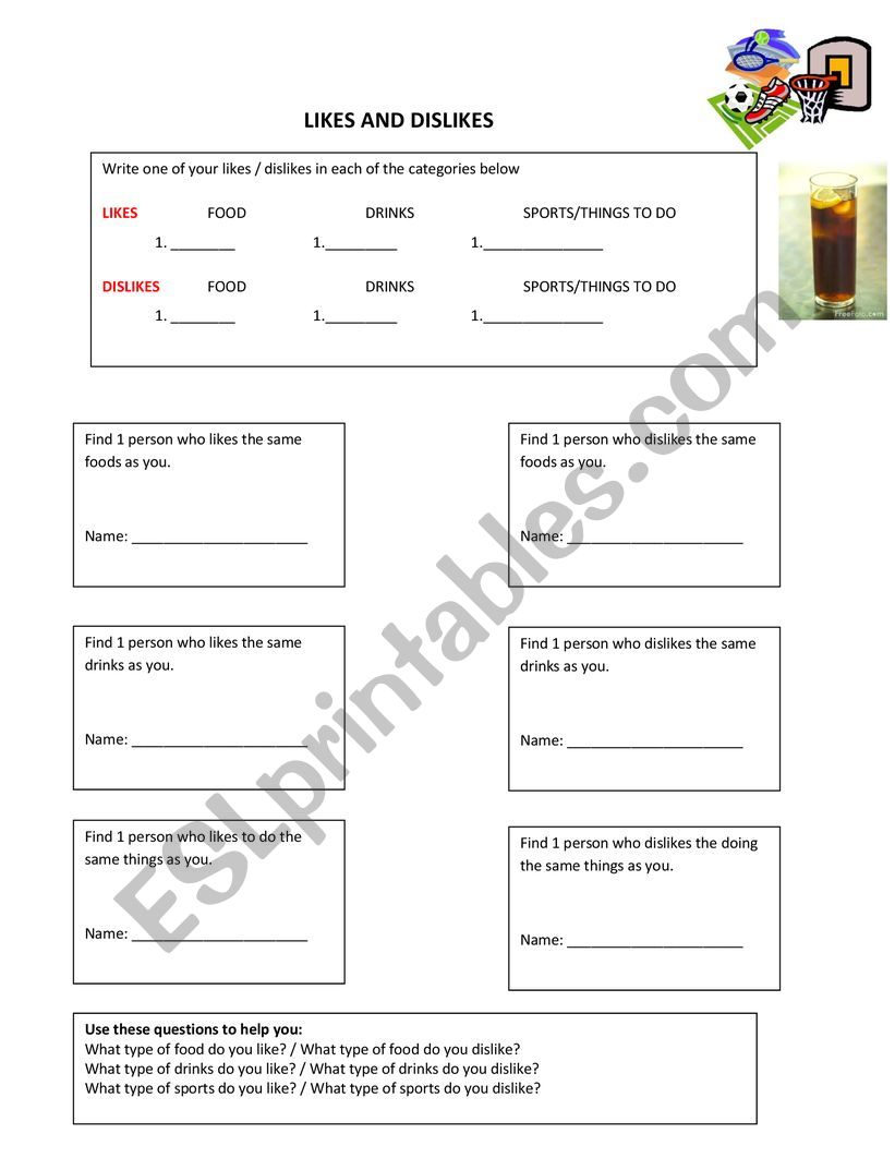 Likes and Dislikes worksheet