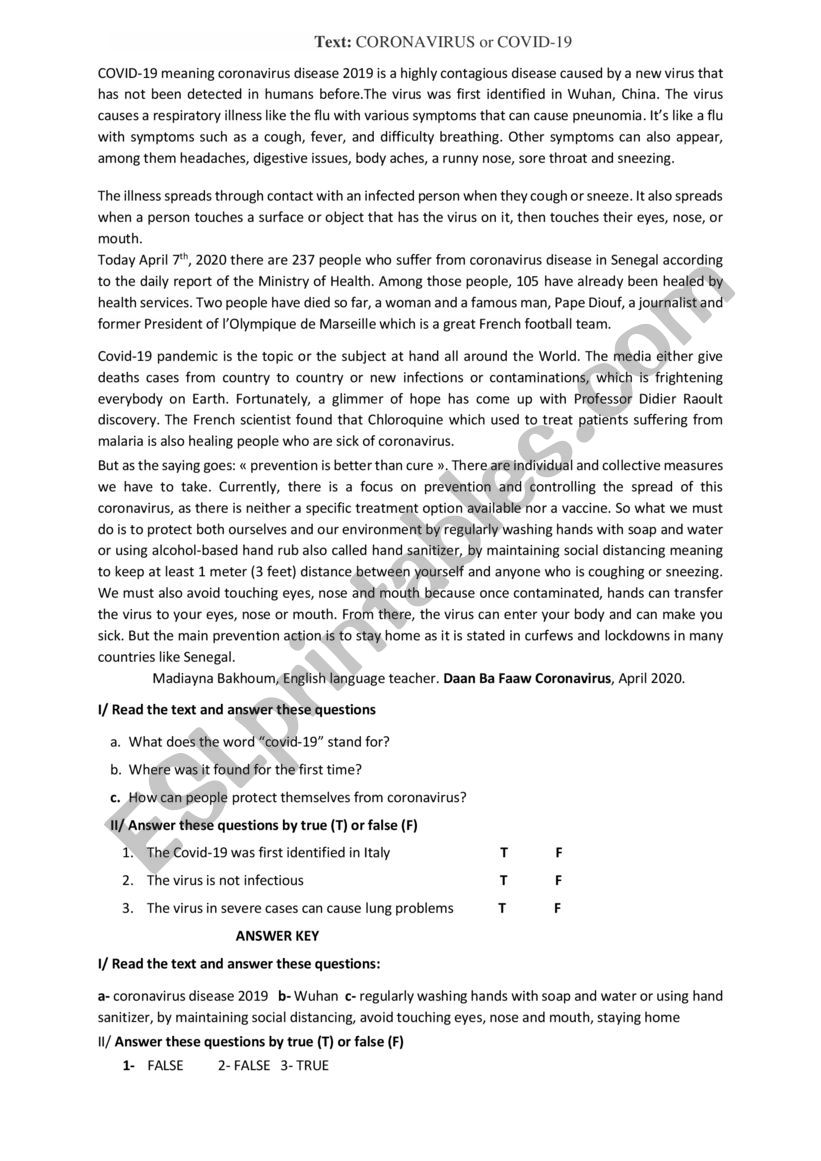 Coronavirus or covid-19 worksheet