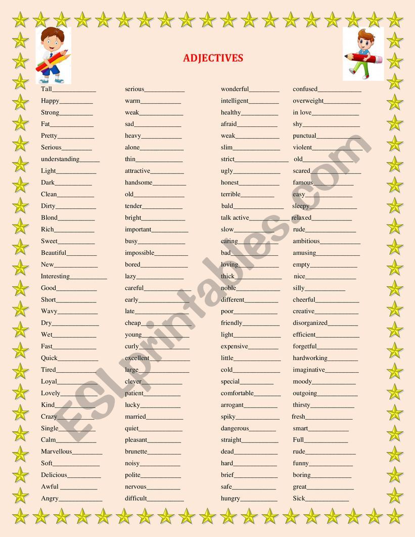 Adjectives list. worksheet