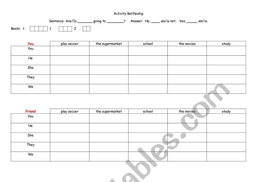 Battleship (activities) worksheet