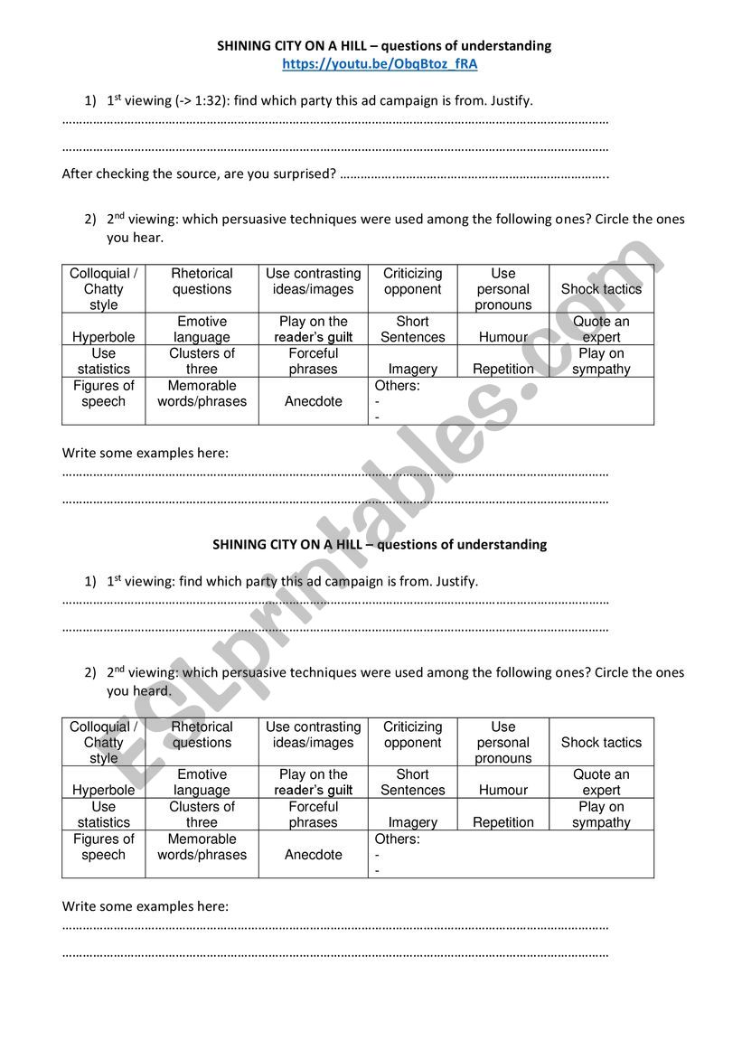 SHINING CITY ON A HILL worksheet