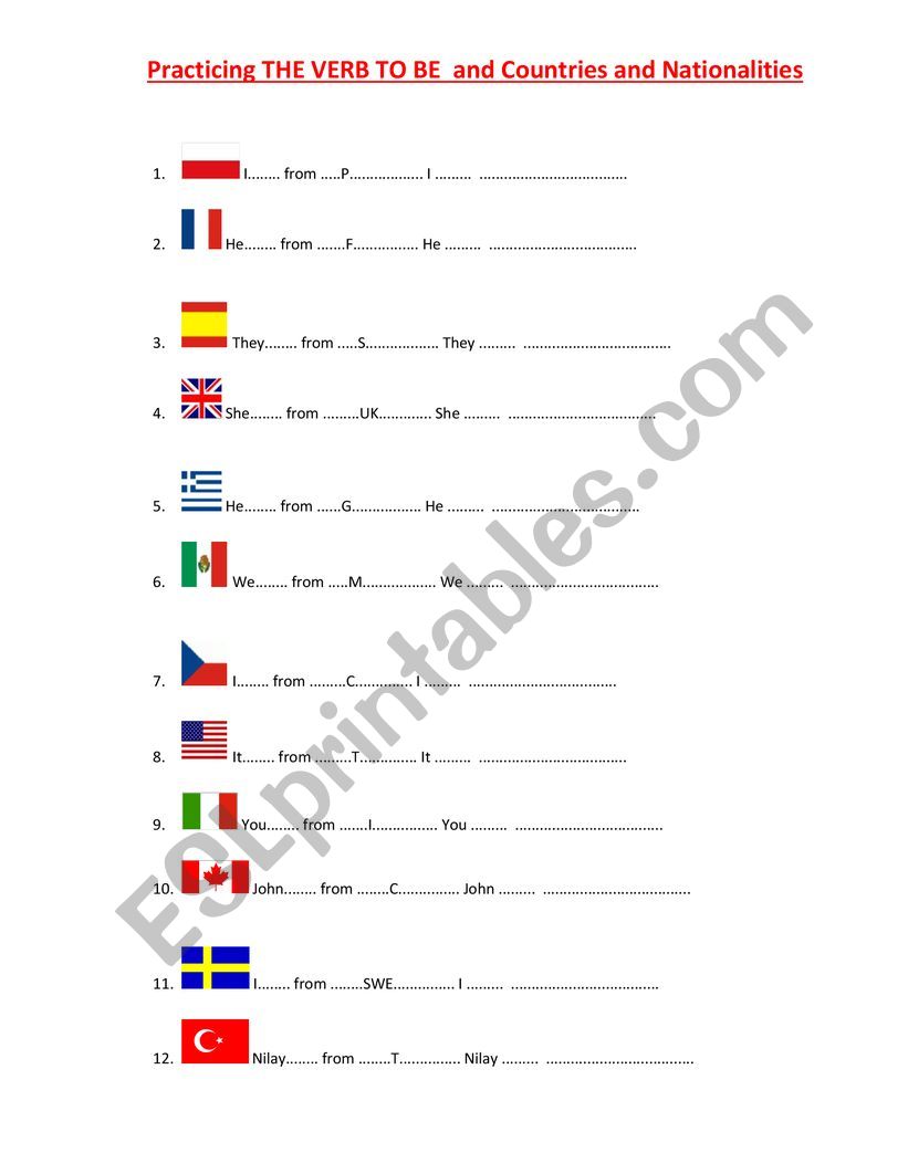 VERB TO BE AND COUNTRIES worksheet
