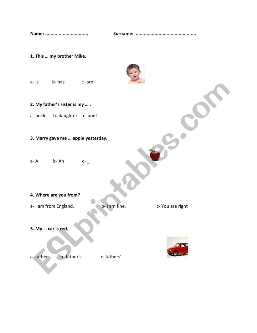 Kids English evaluation worksheet