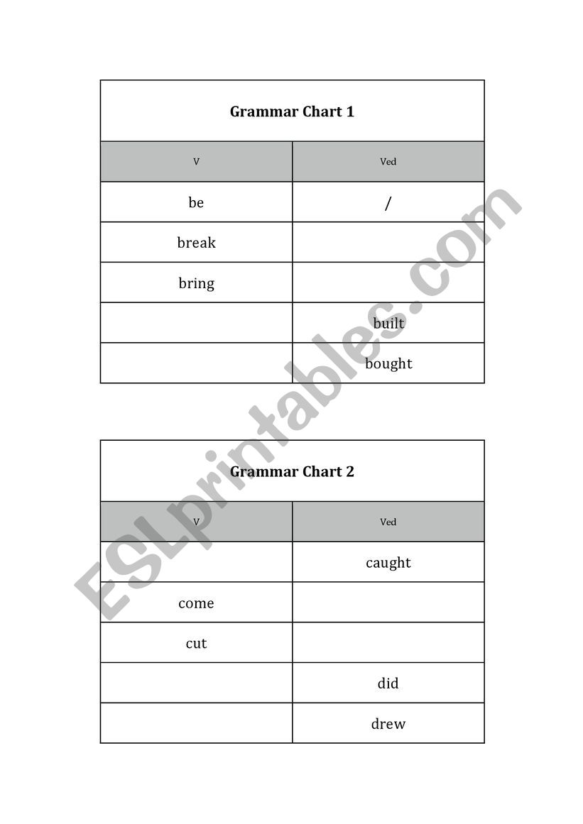 17 PAST TENSE VERB CHART quiz worksheet