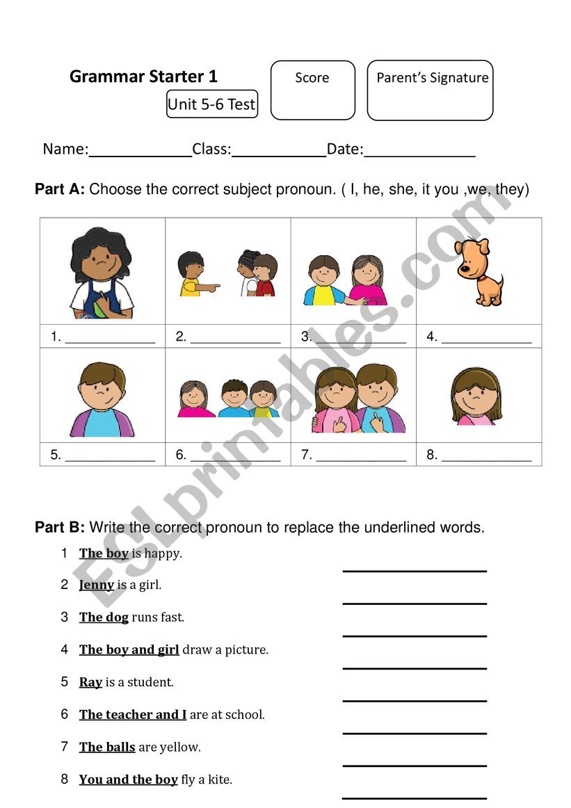 Grammar Subject Pronoun Test Unit 5 6 ESL Worksheet By Kepgine