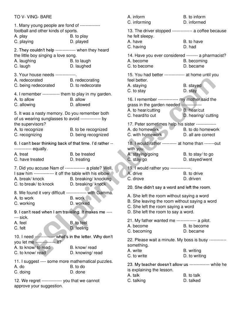 Infinitives- gerunds- bare worksheet