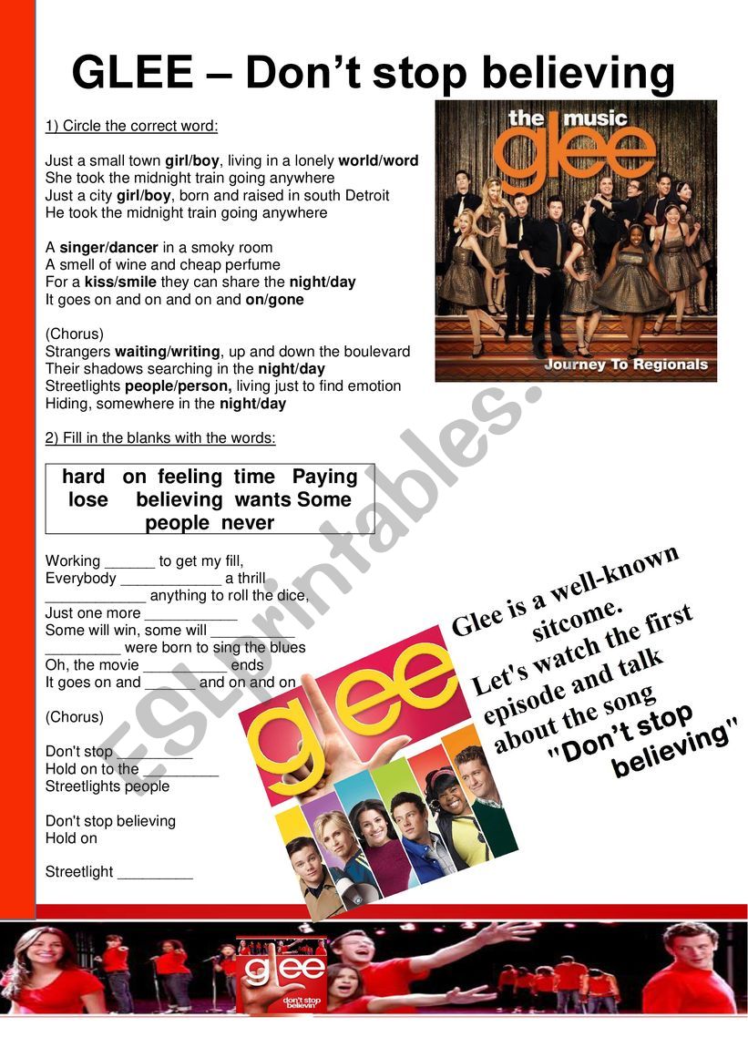 Dont Stop Believing Glee worksheet