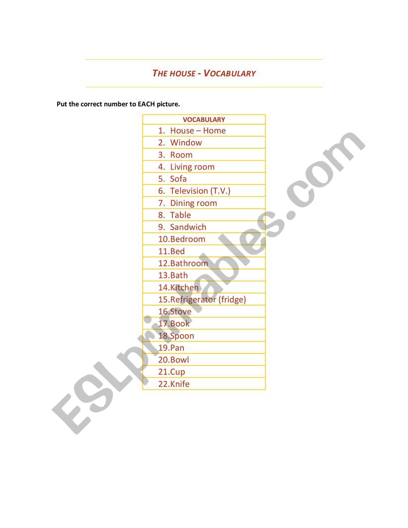 Objects of the House worksheet