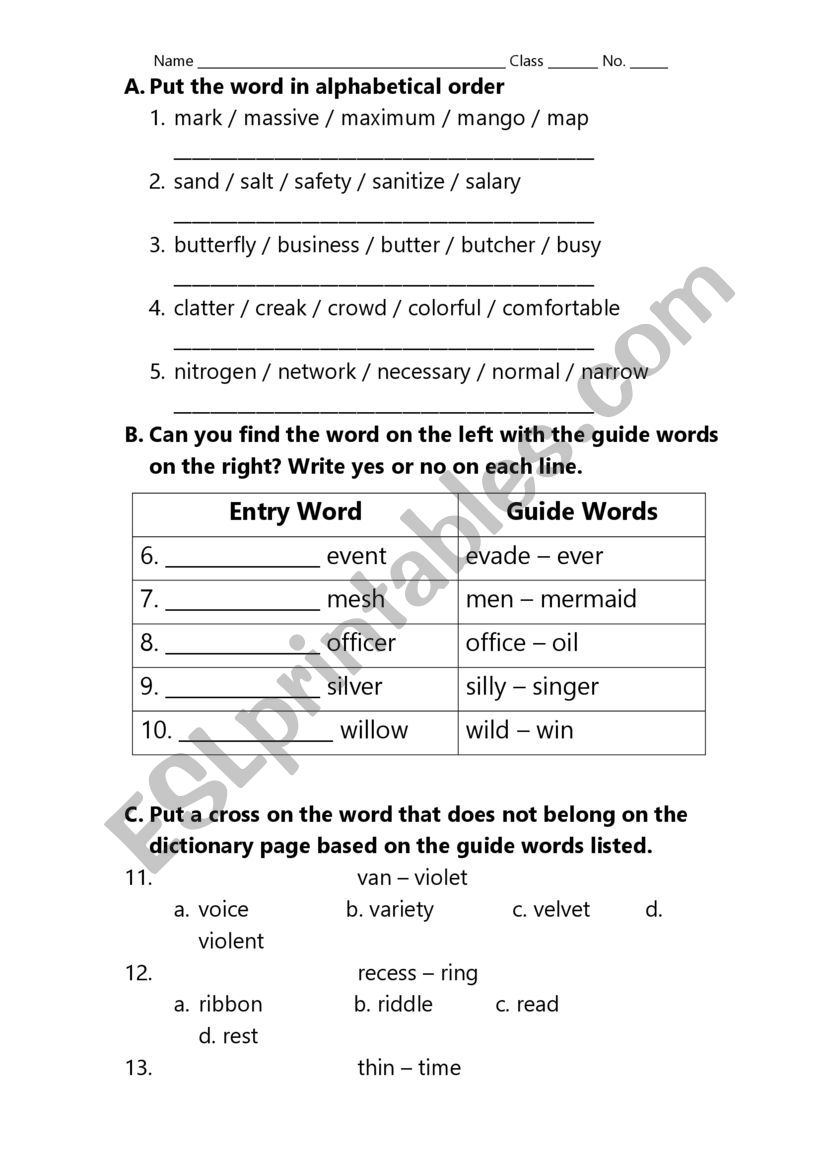 Using dictionary worksheet