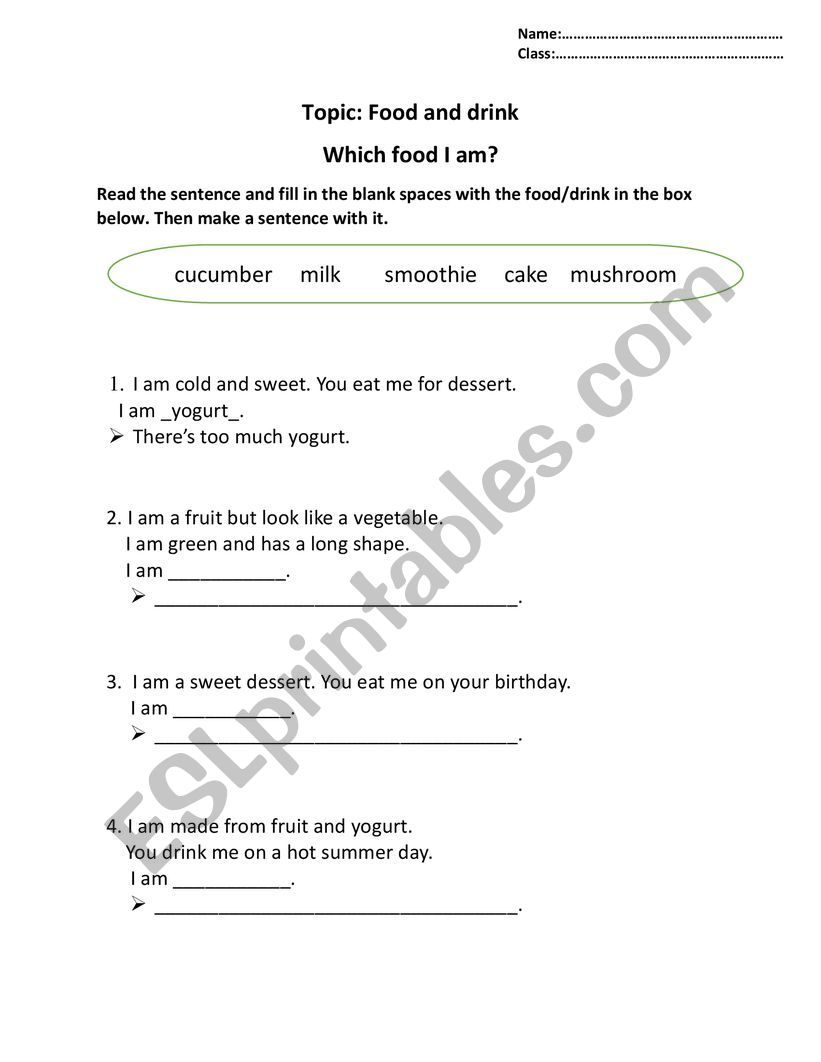 Food and drink - Reading and Writing worksheet for elementary