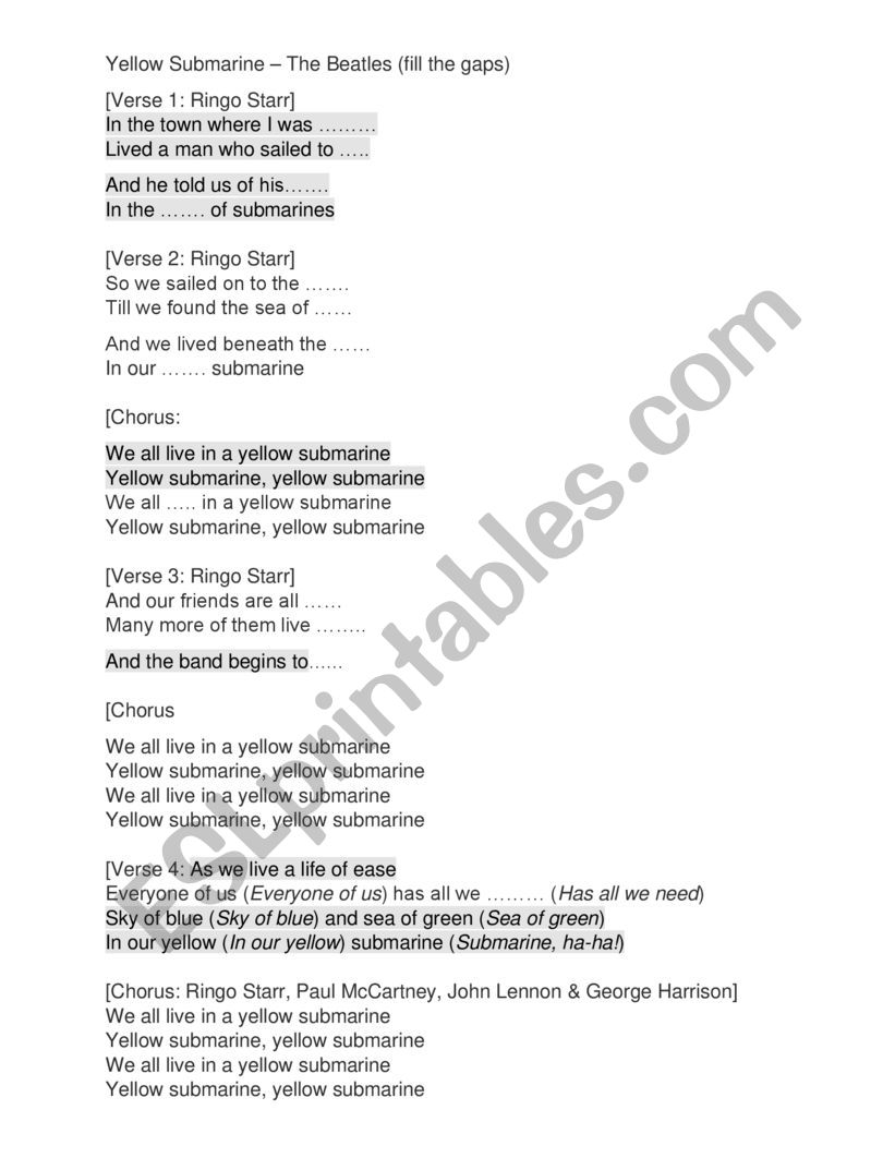 Download Yellow Submarine - The Beatles - ESL worksheet by LilyGarden