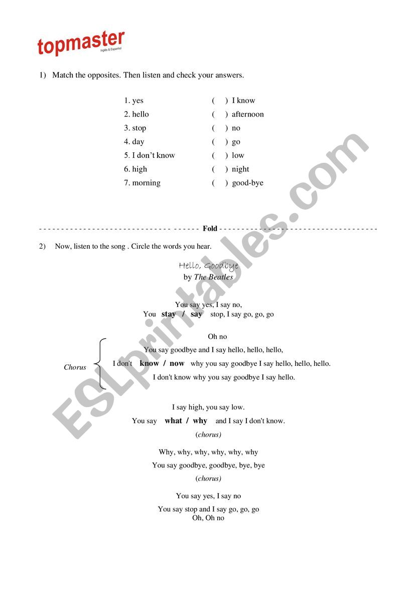 Song Hello, Goodbye worksheet