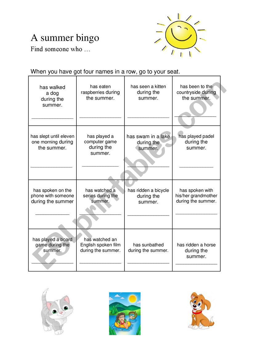 A summer bingo worksheet