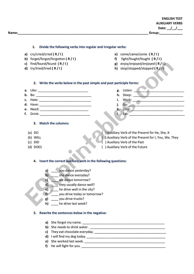 Auxiliary Verbs Test - Do, Does, Did, Will