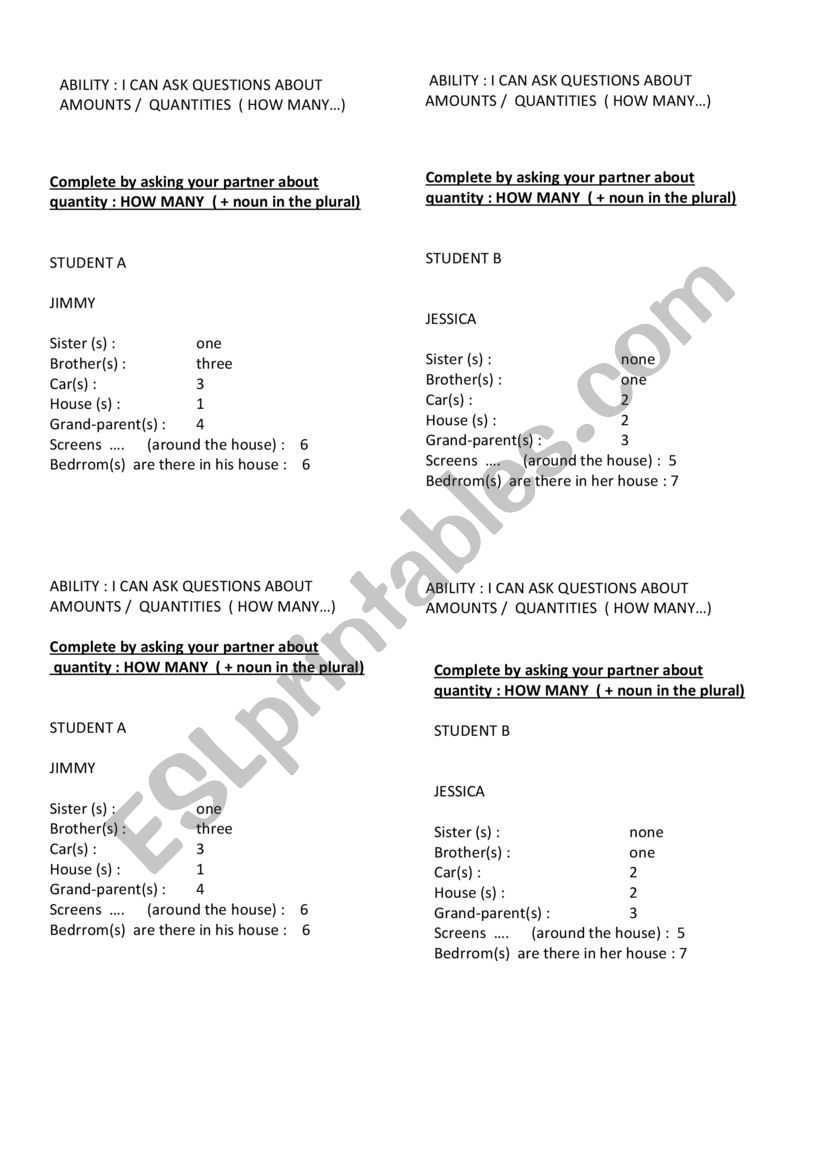 PAIR WORK  QUANTITIES  worksheet