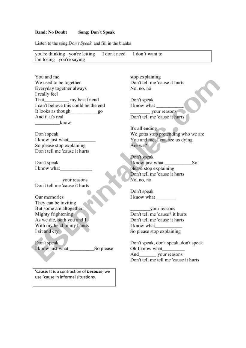 Don�t Speak song worksheet worksheet