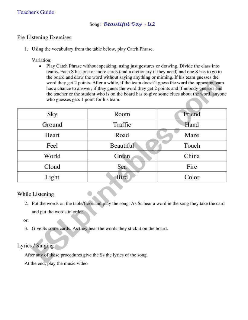 Song Beautiful Day Vocabulary worksheet