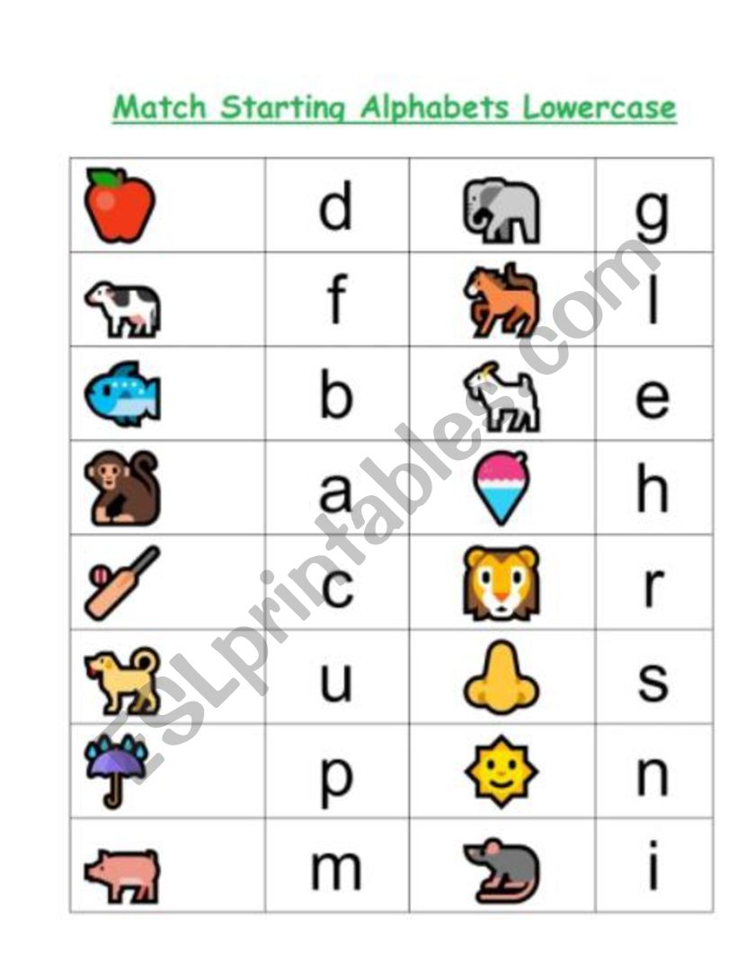 match staring alphaets worksheet