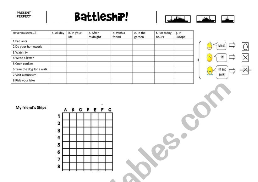 Present Perfect Battleship  worksheet