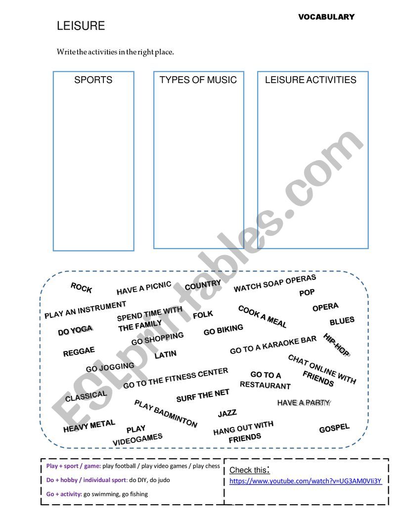 Leisure activities vocabulary worksheet