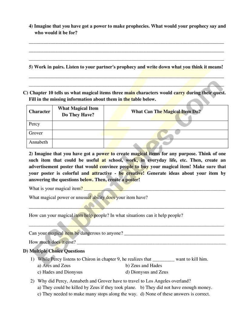 Percy Jackson Lightning Thief - Chapter 9 & 10 Review - ESL worksheet by  Luky4287