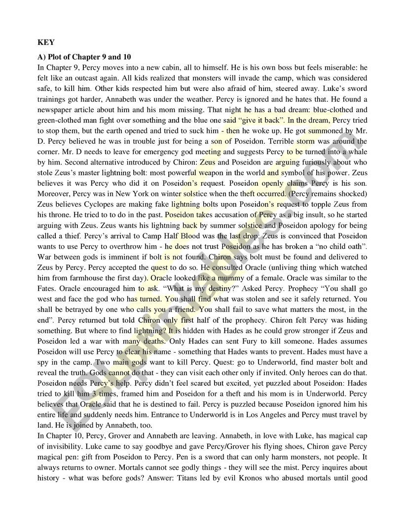 Percy Jackson Lightning Thief - Chapter 9 & 10 Review - ESL worksheet by  Luky4287