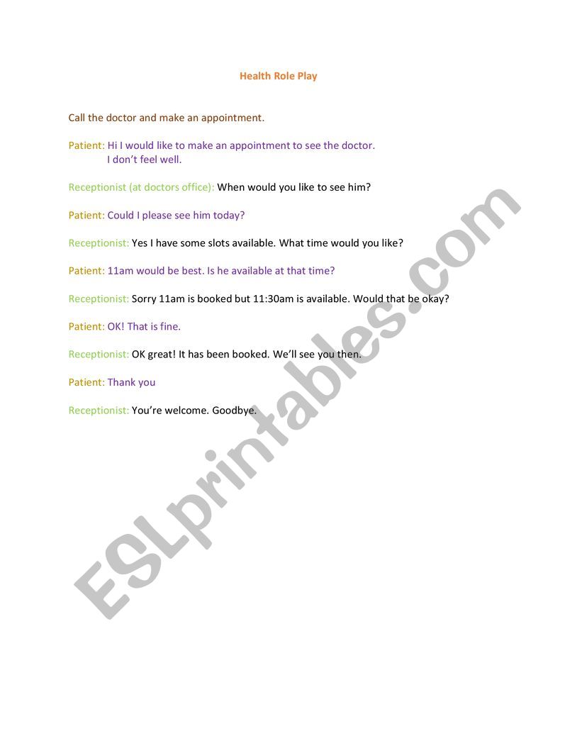 Health role play worksheet