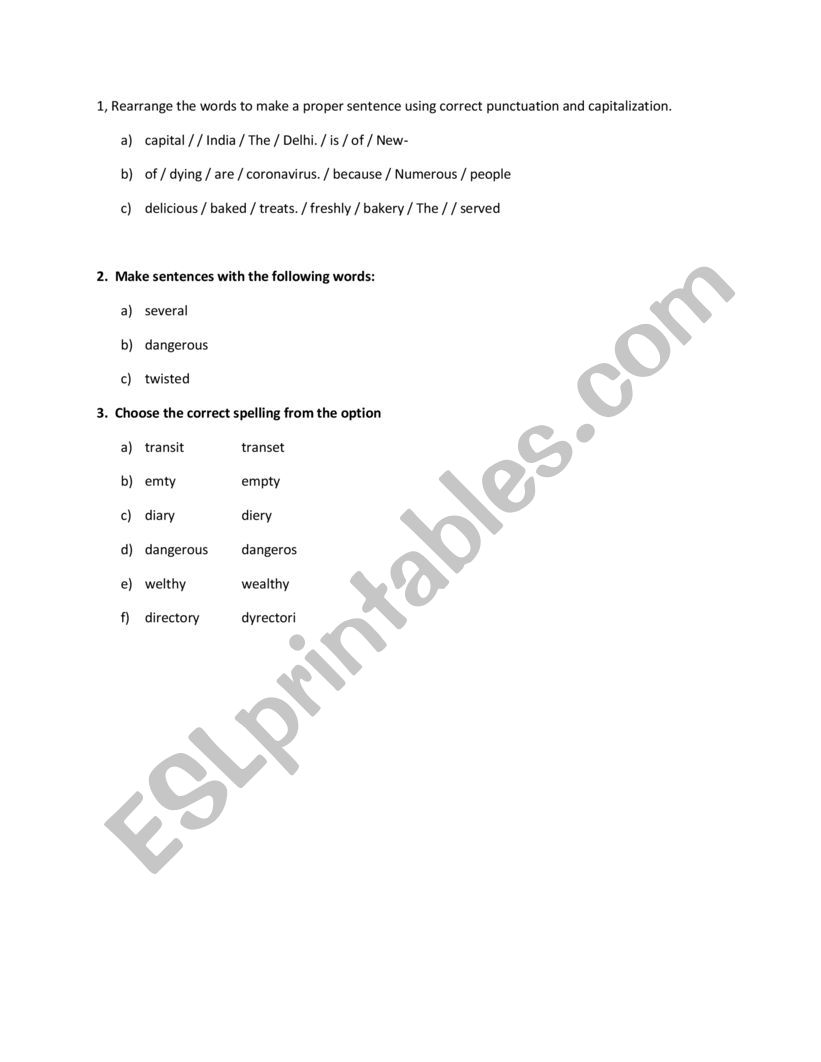 Spelling and punctuation worksheet