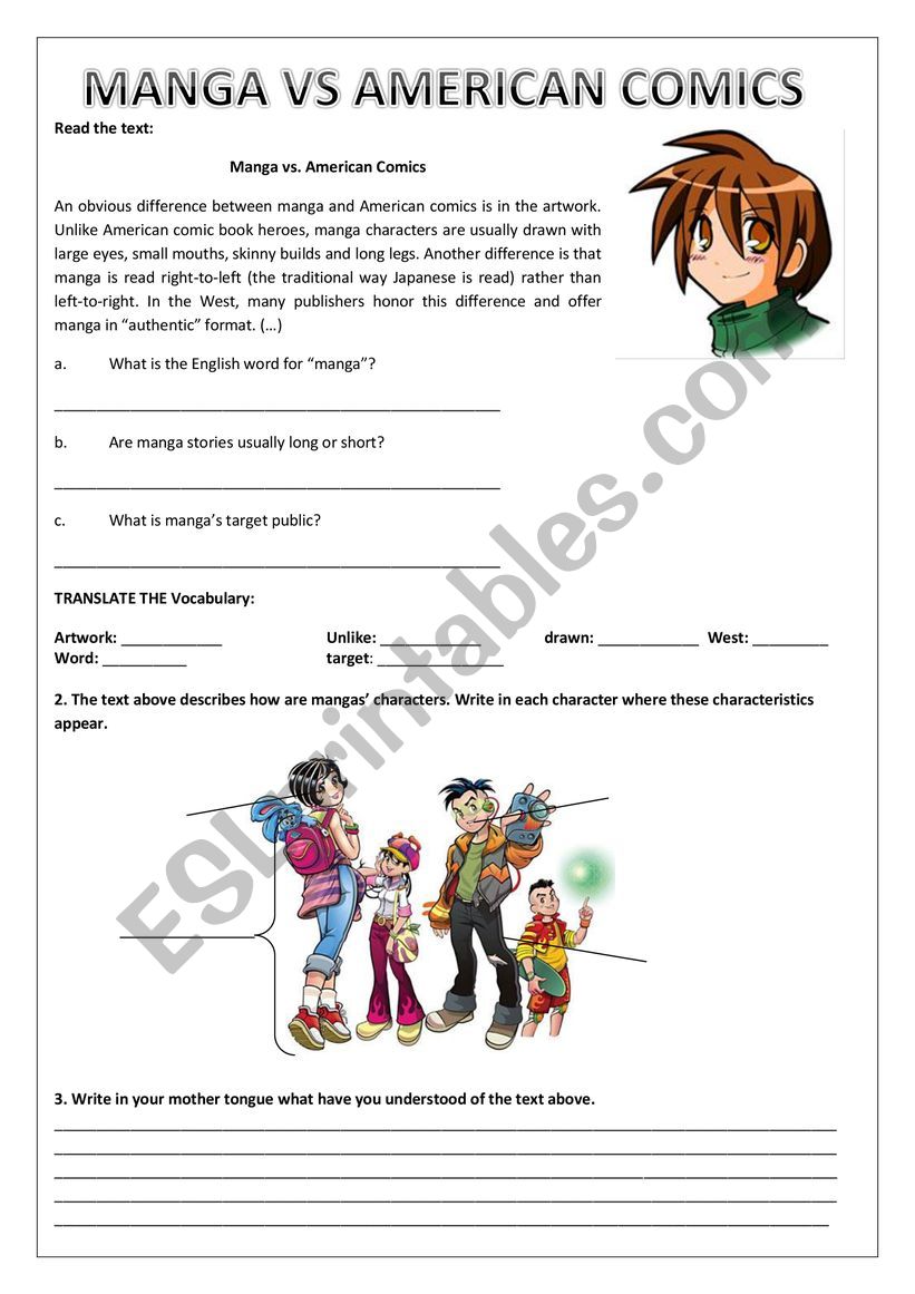 MANGAS VS AMERICAN COMICS worksheet