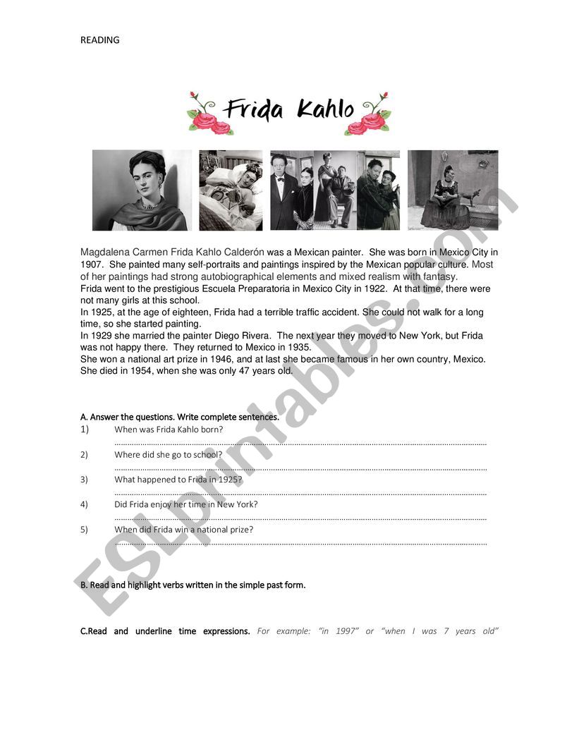 Frida Kahlo BIOGRAPHY - ESL worksheet by ananana