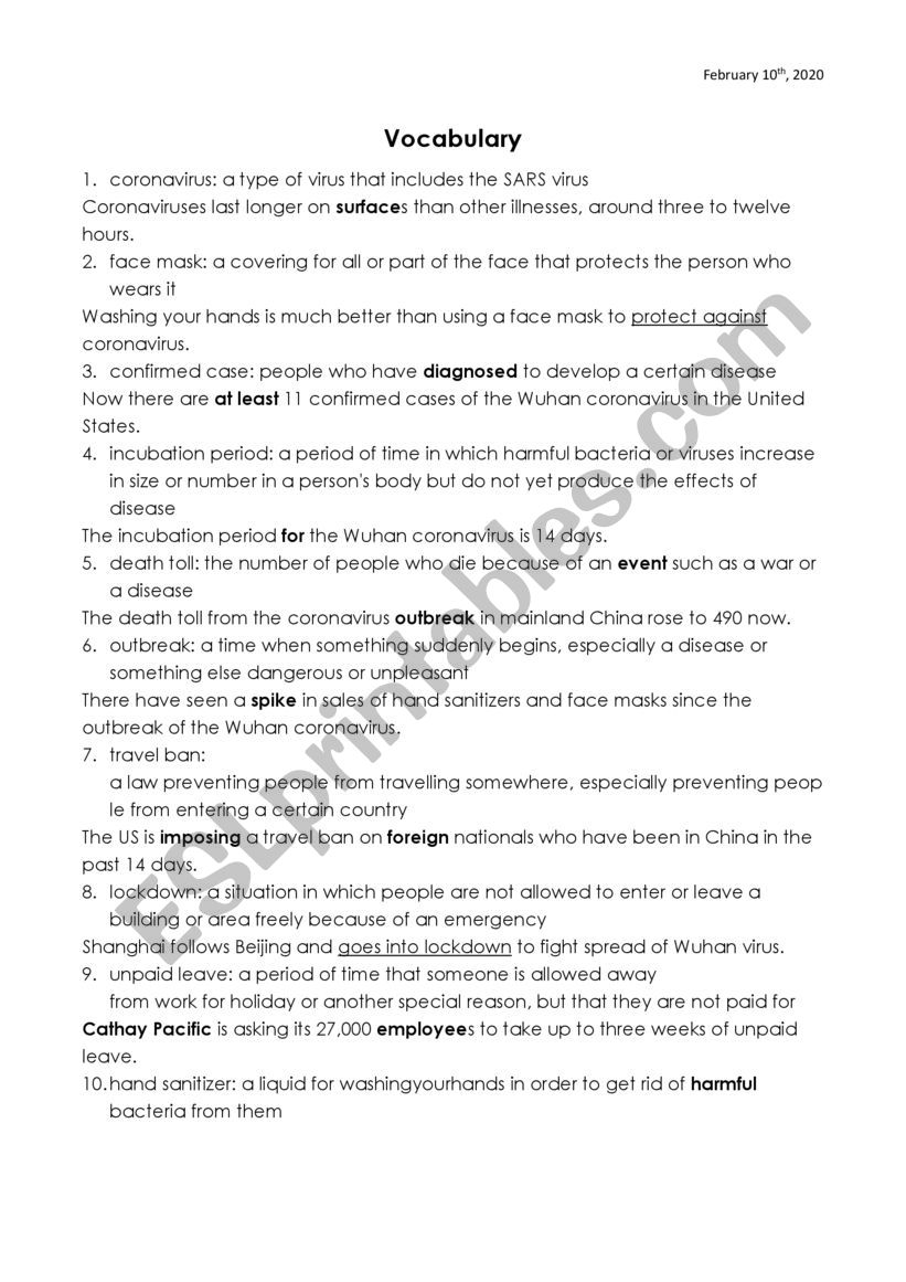 COVID-19 related vocabulary worksheet