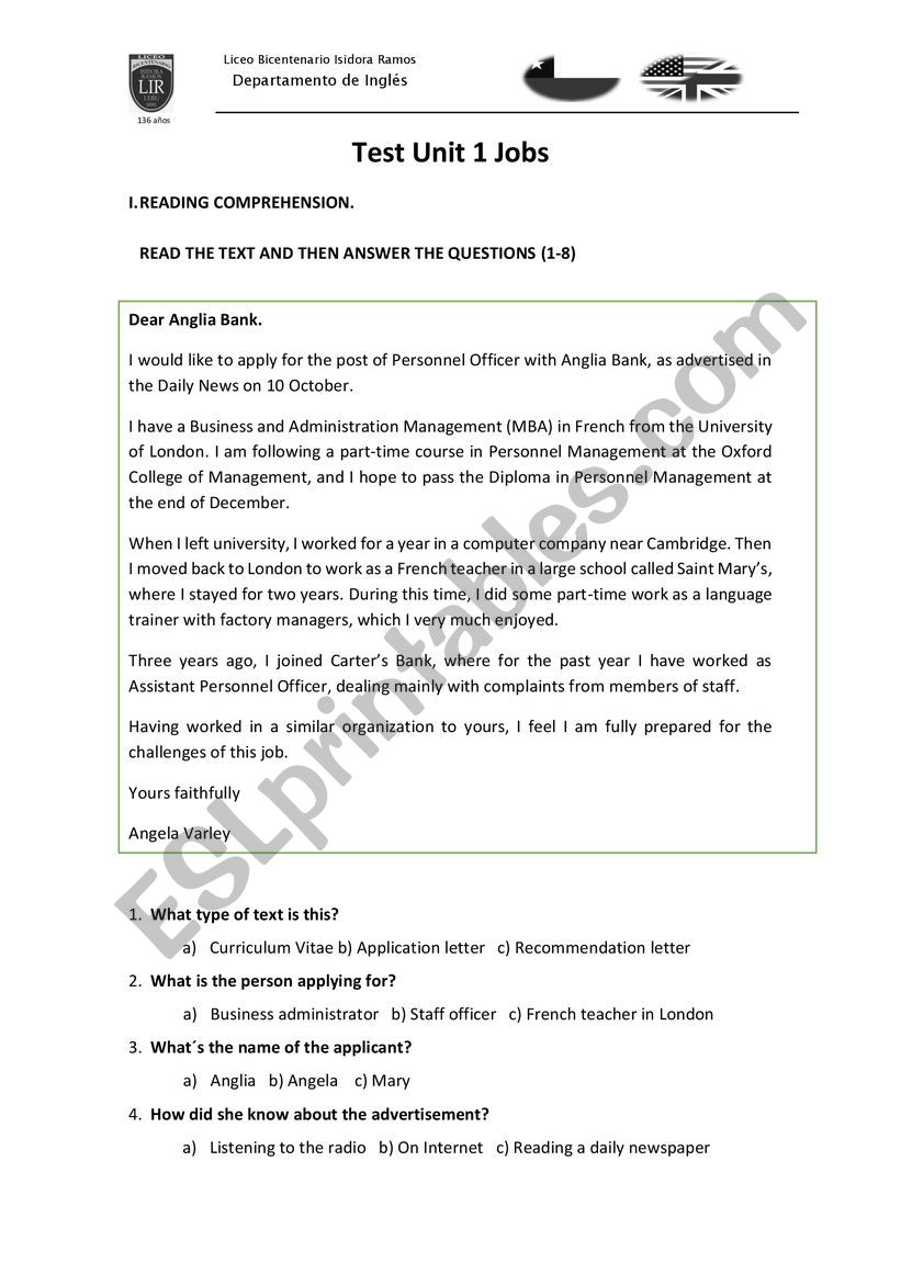 Test about unit 1 jobs worksheet