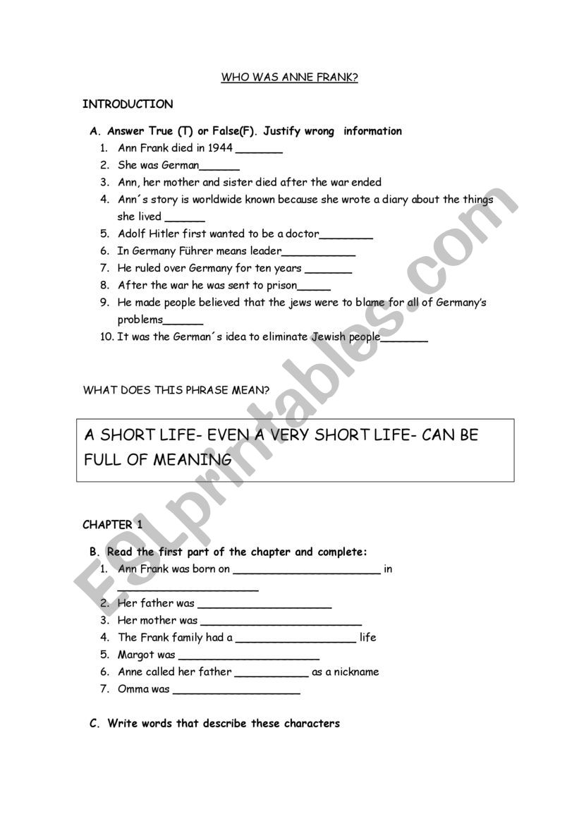 WHO WAS ANNA FRANK? worksheet