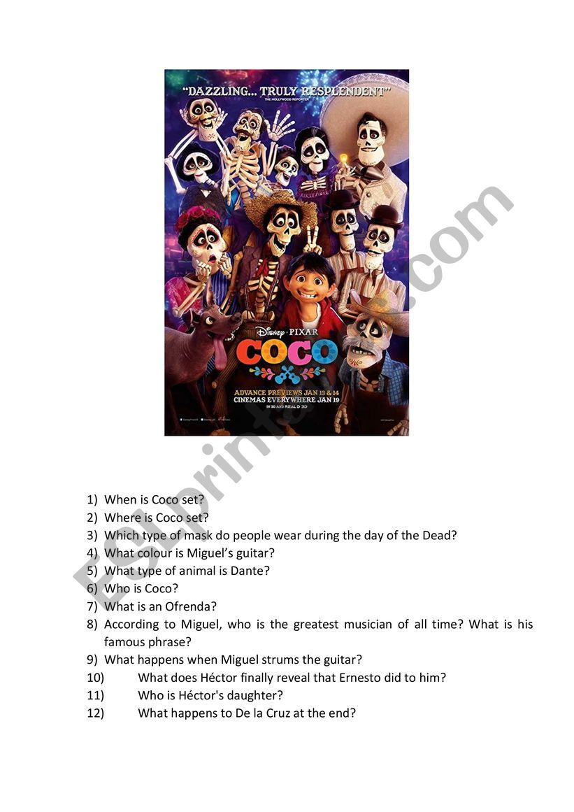 Coco movie worsheet ESL worksheet by annhadzalo