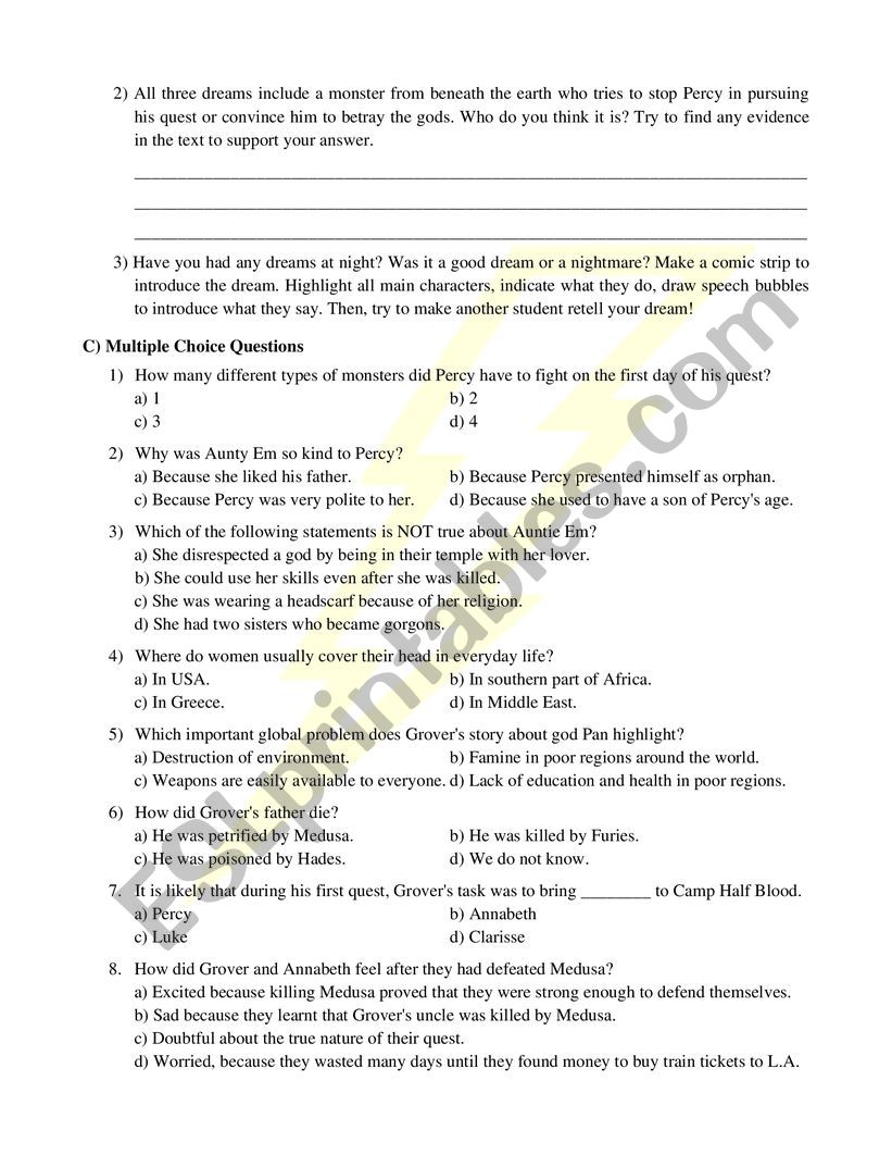 Percy Jackson Chapter 11 Quiz and Key by NYCDOE Teaching
