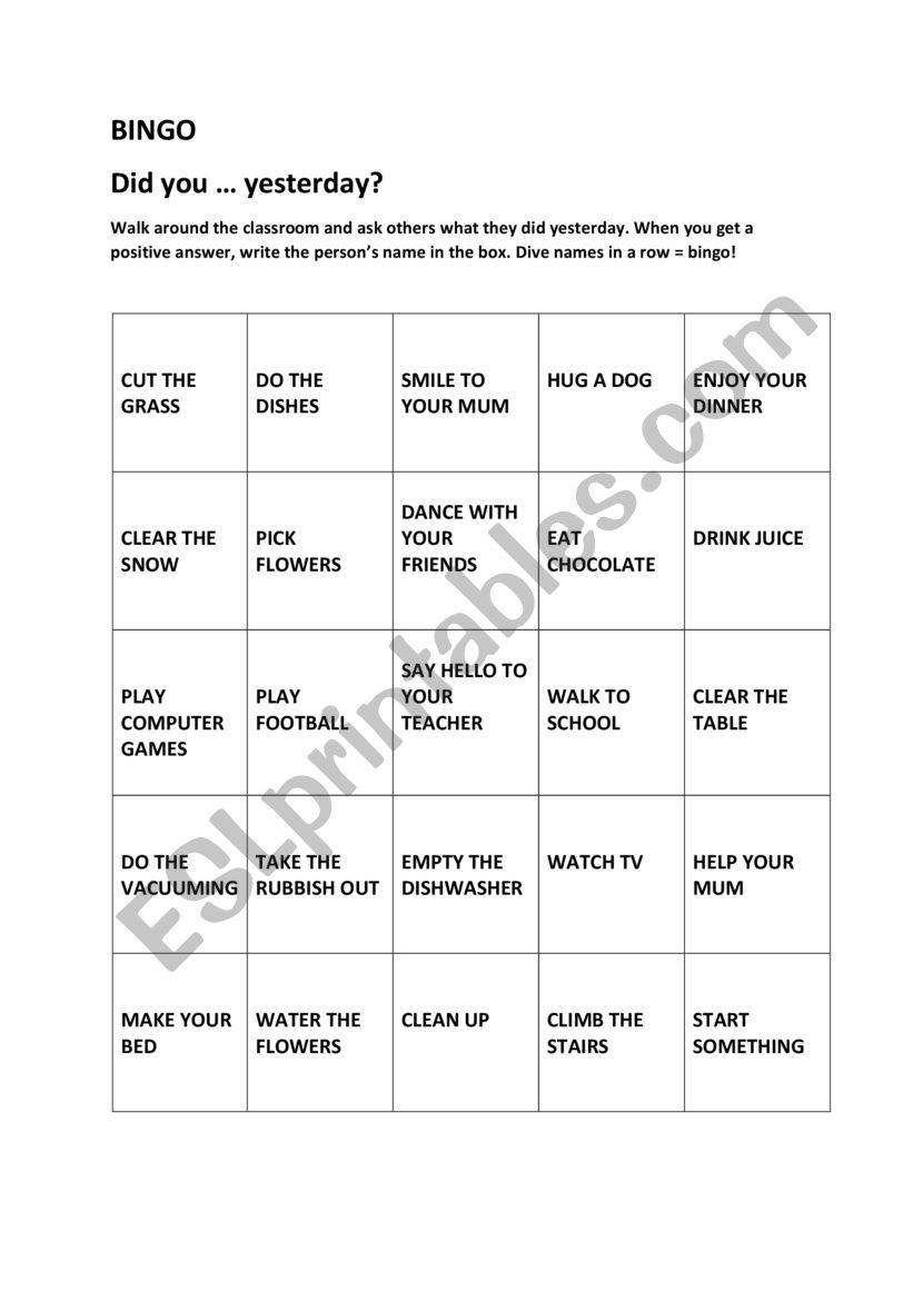 Simple past tense bingo worksheet