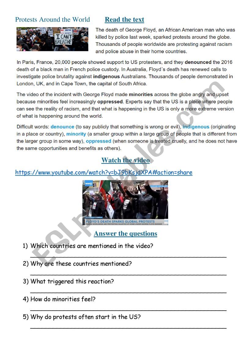 Protests around the world worksheet