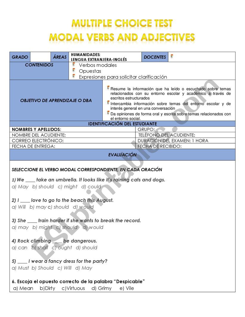 Test: Modal Verbs and Adjective