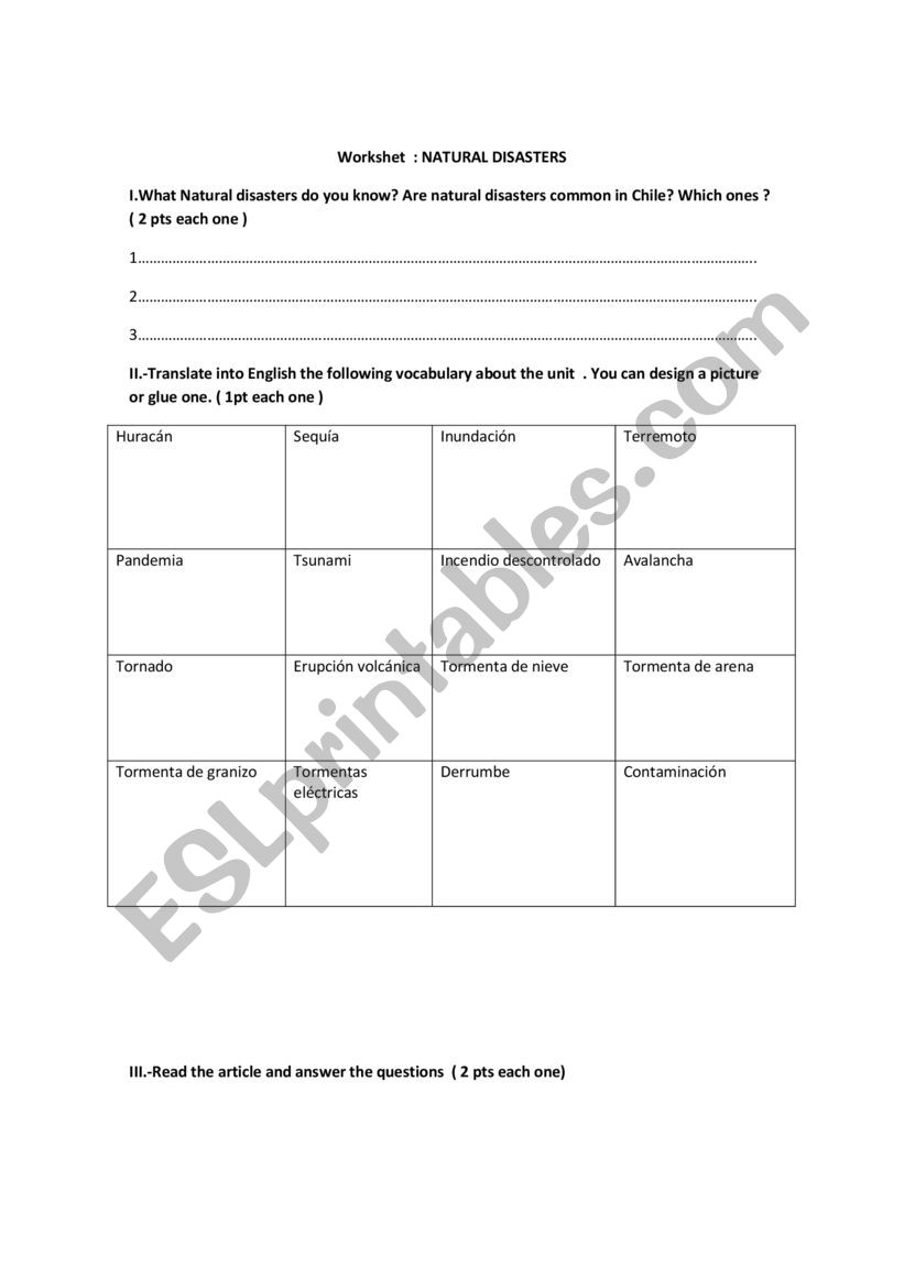 Natural Disasters  worksheet