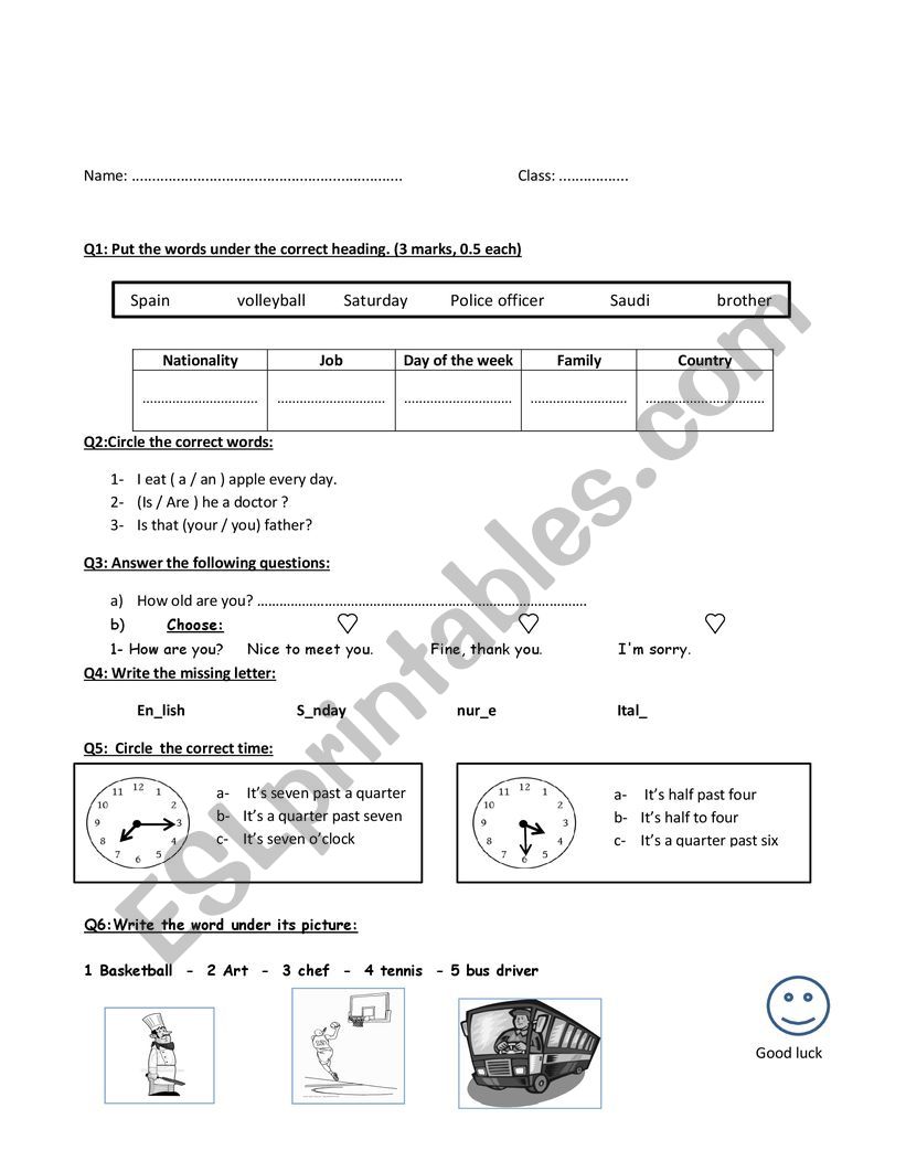 Exam worksheet